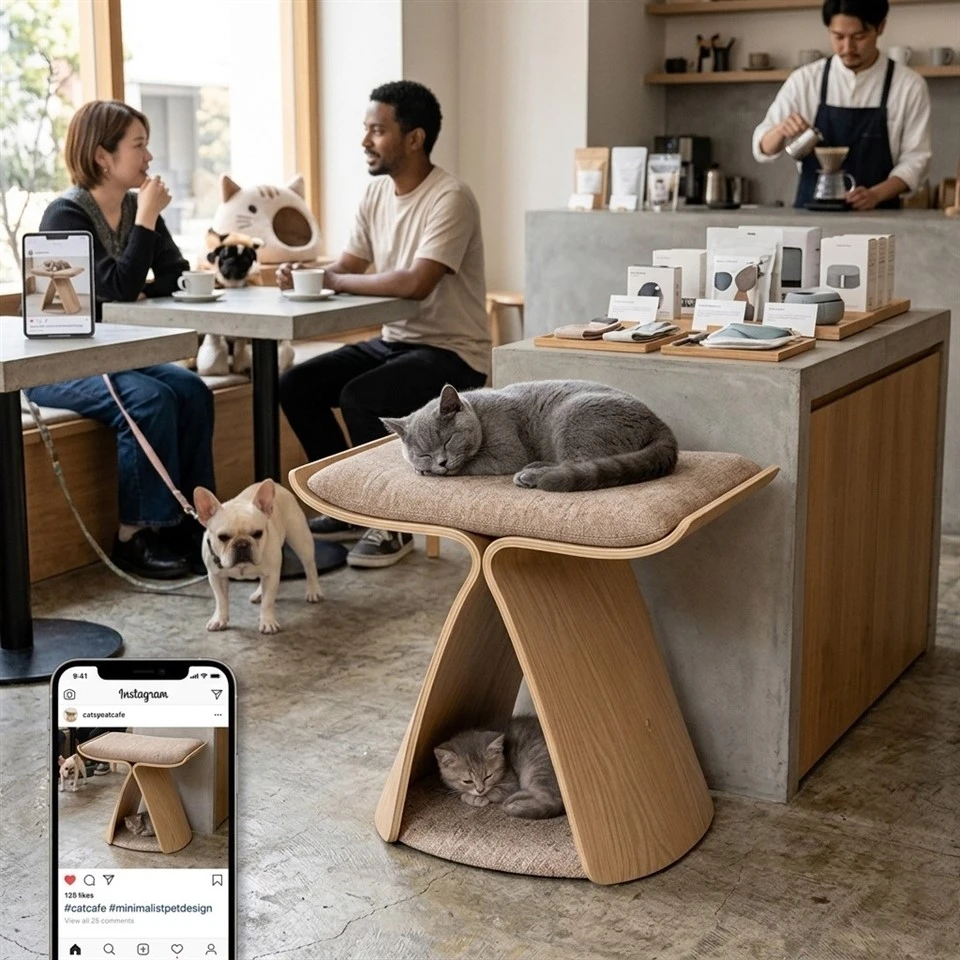 2-In-1 Cat Bed & FooyStool Scandinavian Bentwood price
