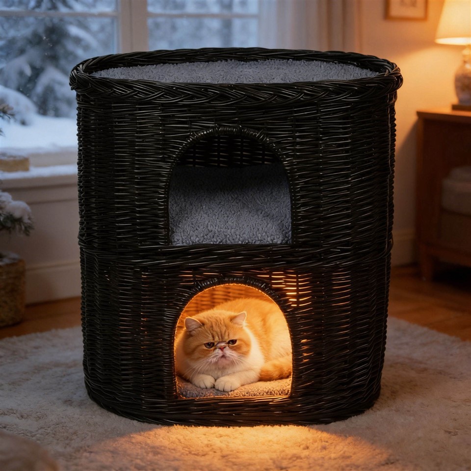 Luxury Two Tier Wicker Cat House Rattan Cat Bed Indoor Cat Condo Modern Pet Furniture With Cozy Cushion