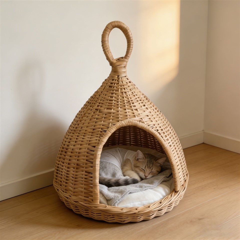 Modern Rattan Pet Bed For Dogs & Cats Stylish Durable & Cozy Natural Rattan House
