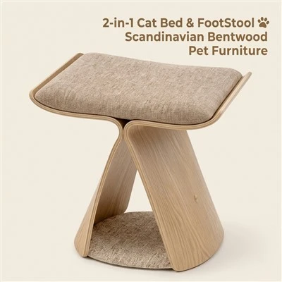 2-In-1 Cat Bed & FooyStool Scandinavian Bentwood