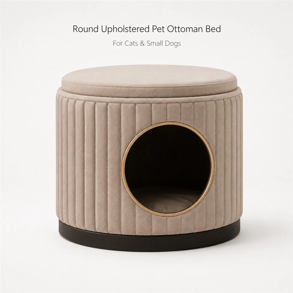 White Slat Round Pet Ottoman Bed