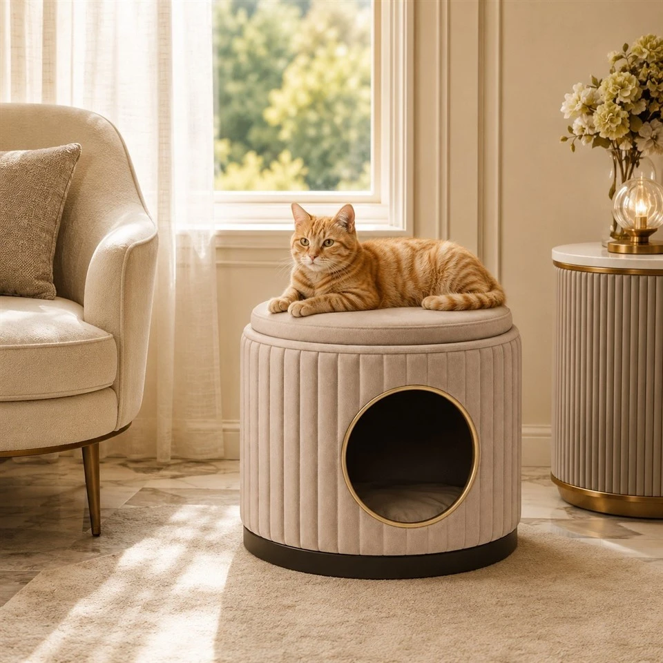White Slat Round Pet Ottoman Bed high quality